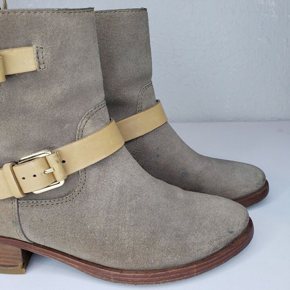 TORY BURCH Bennie Moto Engineer BootsTaupe Leather Double Buckle Ankle Size 7.5M - Picture 4 of 16